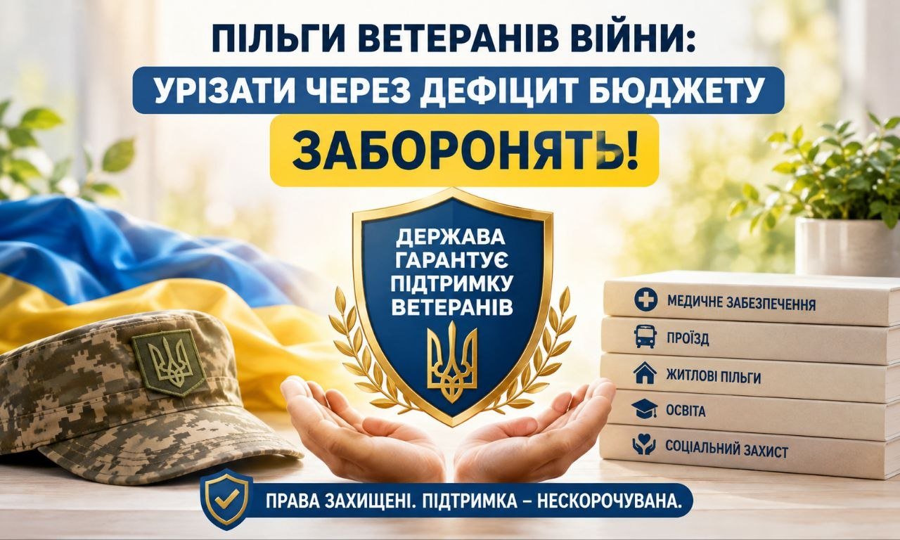 Пільги ветеранів війни: урізати через дефіцит бюджету заборонять! Військовий кашкет, прапор, щит.