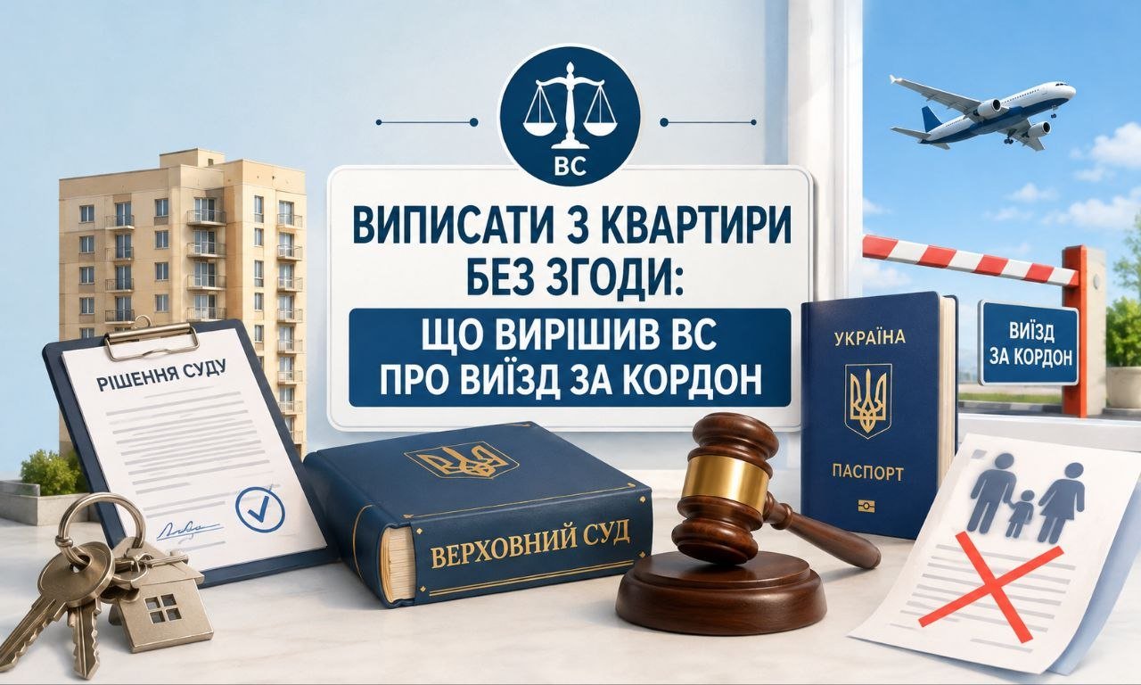 Ілюстрація рішення ВС про те, що виїзд за кордон не є підставою, щоб виписати з квартири без згоди, показує суд, паспорт, будинок та перекреслену сім'ю.