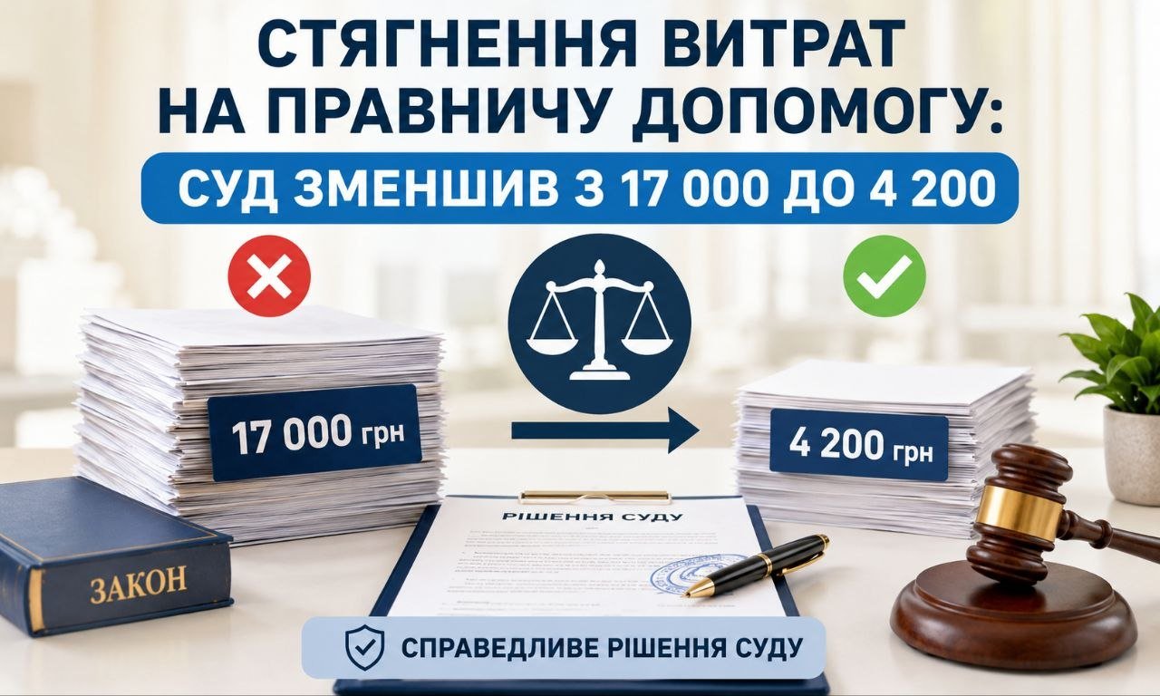 Зображення демонструє стягнення витрат на правничу допомогу: суд зменшив суму з 17 000 грн до 4 200 грн, символізуючи справедливе рішення.