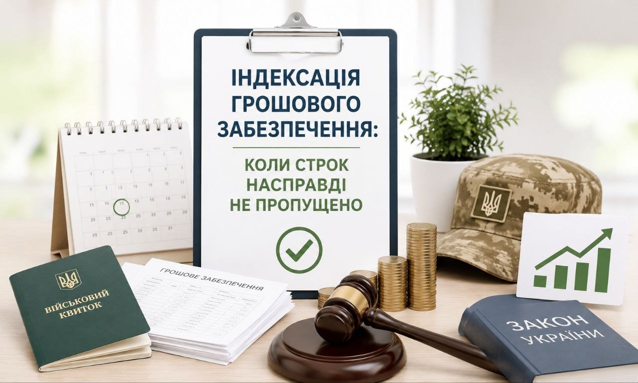 Індексація грошового забезпечення відображена на дошці, поруч військовий квиток, календар, монети, молоток судді та книга законів, що символізує правові строки.