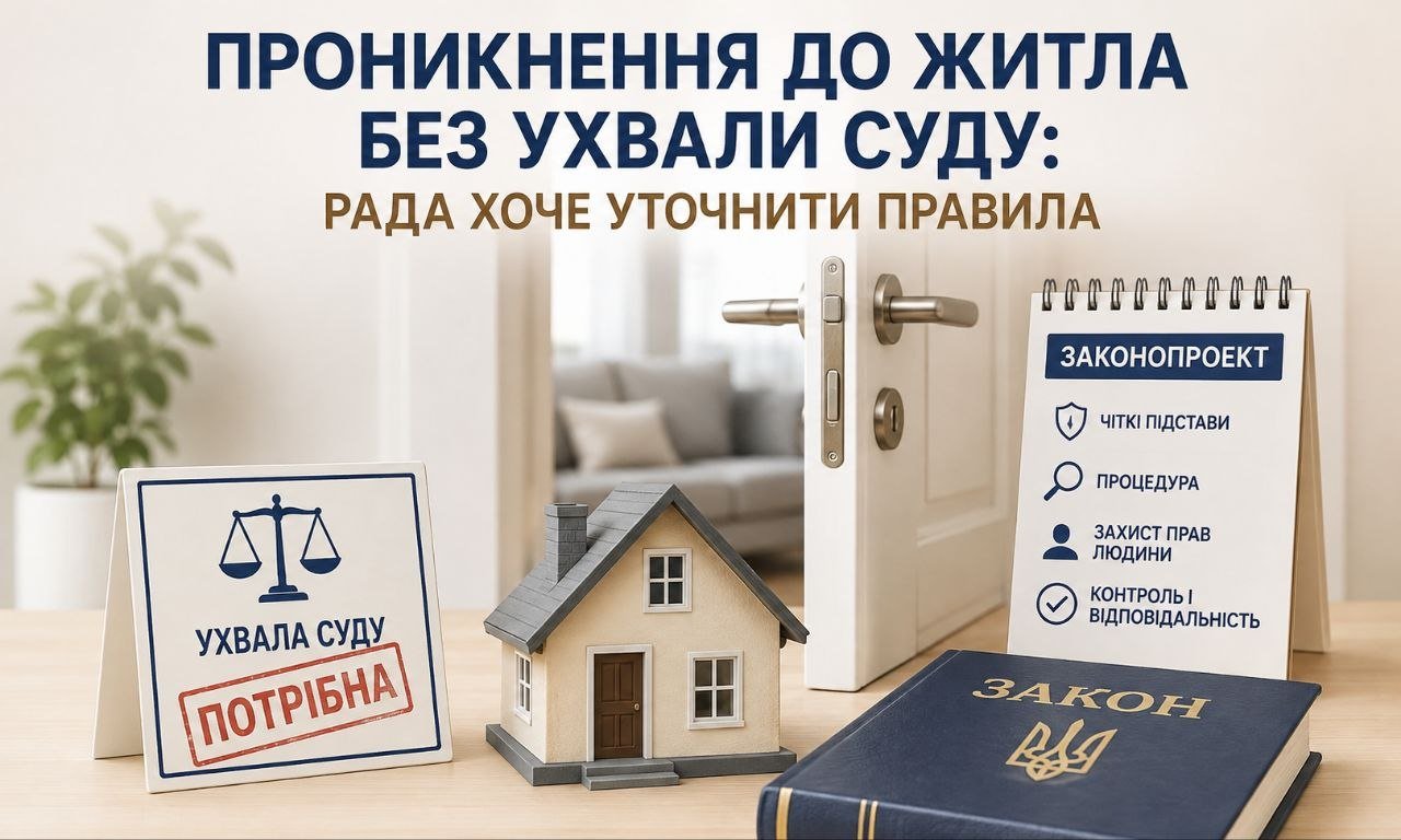 Символічне зображення проникнення до житла: модель будинку, відчинені двері, табличка "Ухвала суду потрібна" та законопроєкт, що уточнює правила.