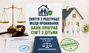 Зняття з реєстрації місця проживання: терези, молоток, книга, штамп "Позов відхилено", будинок, сім'я. Банк програв родині.