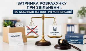 На зображенні: затримка розрахунку при звільненні, ваги правосуддя, де Верховний Суд скасував 157 тис. грн компенсації.