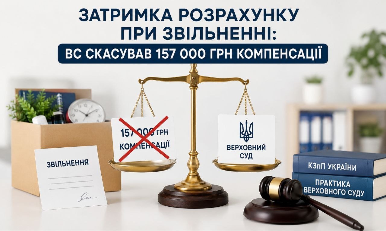 На зображенні: затримка розрахунку при звільненні, ваги правосуддя, де Верховний Суд скасував 157 тис. грн компенсації.