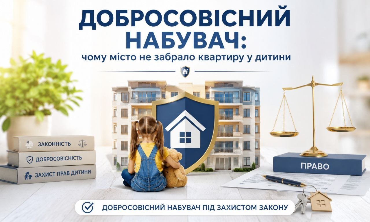Дівчинка з ведмедиком перед щитом із будинком, символізуючи захист прав добросовісного набувача квартири від витребування.