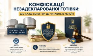 Конфіскація незадекларованої готівки: зображення ЄСПЛ, пачок євро, щита з принципами пропорційності та книги «Закон України» з молотком, що ілюструє судові підходи.