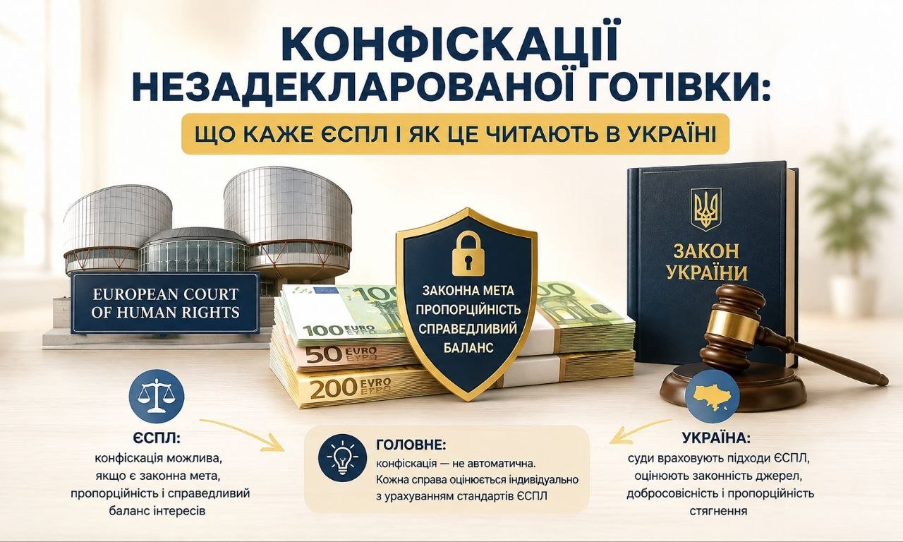 Конфіскація незадекларованої готівки: зображення ЄСПЛ, пачок євро, щита з принципами пропорційності та книги «Закон України» з молотком, що ілюструє судові підходи.