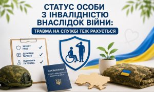 Посвідчення, військовий шолом, форма, карта України та щит із символами захисту прав для особи з інвалідністю внаслідок війни.