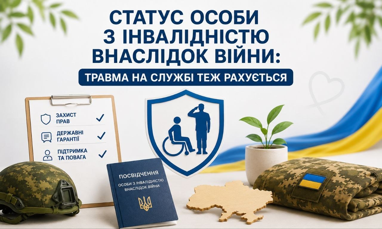 Посвідчення, військовий шолом, форма, карта України та щит із символами захисту прав для особи з інвалідністю внаслідок війни.