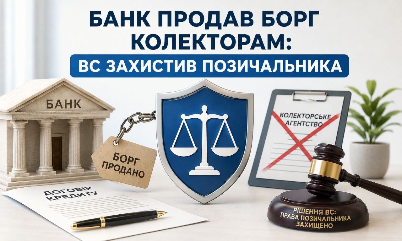 Зображення, де банк продав борг колекторам, а Верховний Суд захистив позичальника, символізує судовий захист від незаконної передачі боргу.