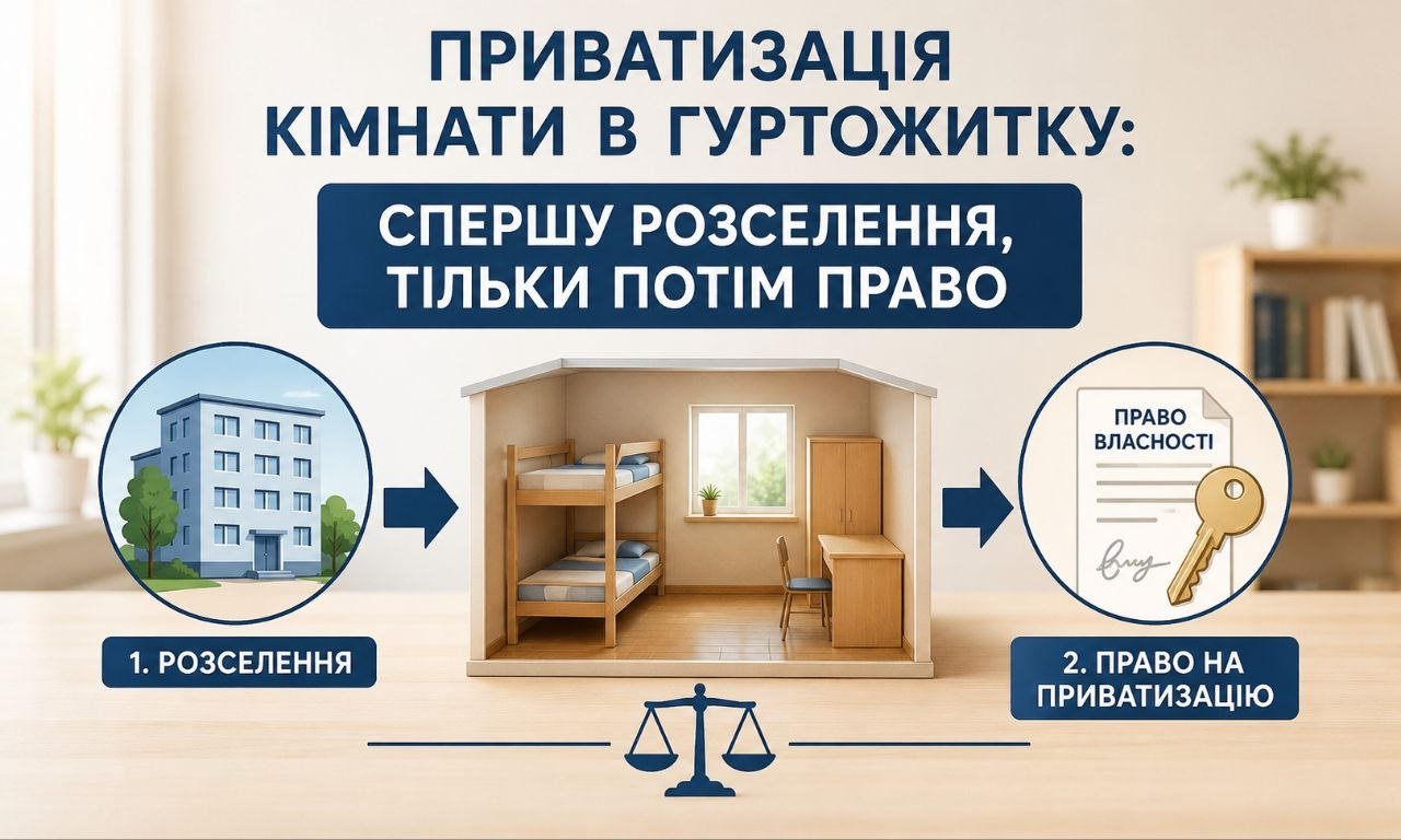 Інфографіка про приватизацію кімнати в гуртожитку: спершу розселення, потім право власності. Візуалізація етапів від гуртожитку до документа.