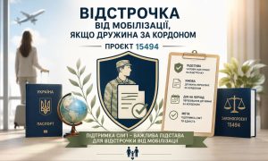 Відстрочка від мобілізації: інфографіка проєкту 15494 про виїзд дружини за кордон, з паспортом, солдатом та юридичними умовами.