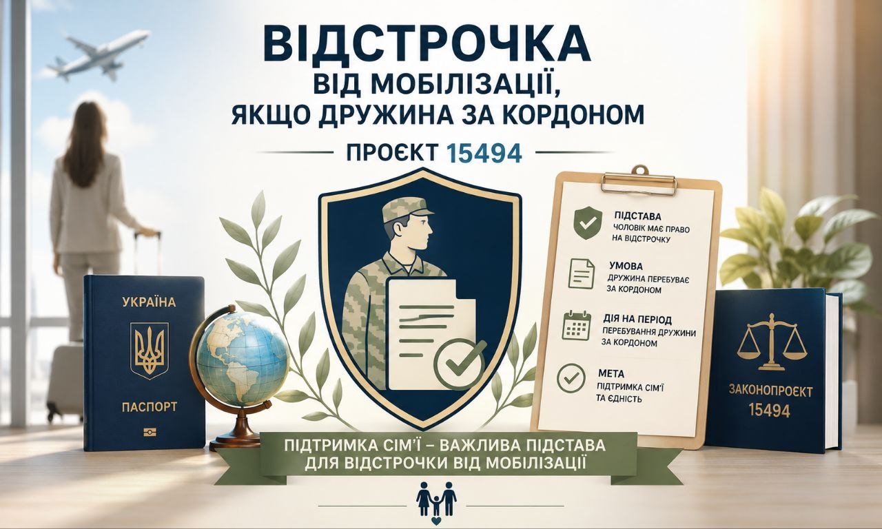 Відстрочка від мобілізації: інфографіка проєкту 15494 про виїзд дружини за кордон, з паспортом, солдатом та юридичними умовами.