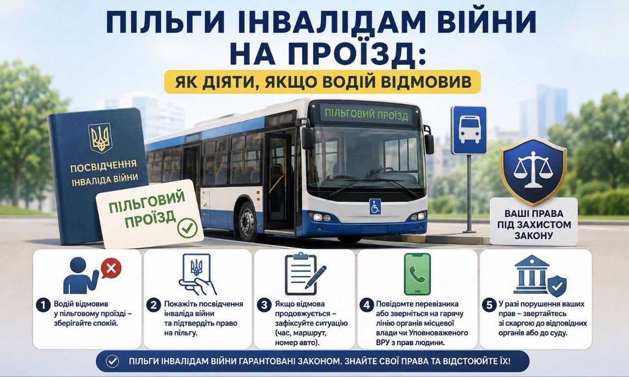 Пільги ветеранів війни на проїзд: зображення автобуса, посвідчення інваліда війни та покрокова інструкція, як діяти при відмові водія.