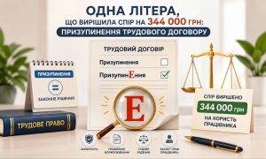Призупинення трудового договору: спір на 344 тис. грн. Літера "Е" та терези правосуддя символізують вирішення справи.