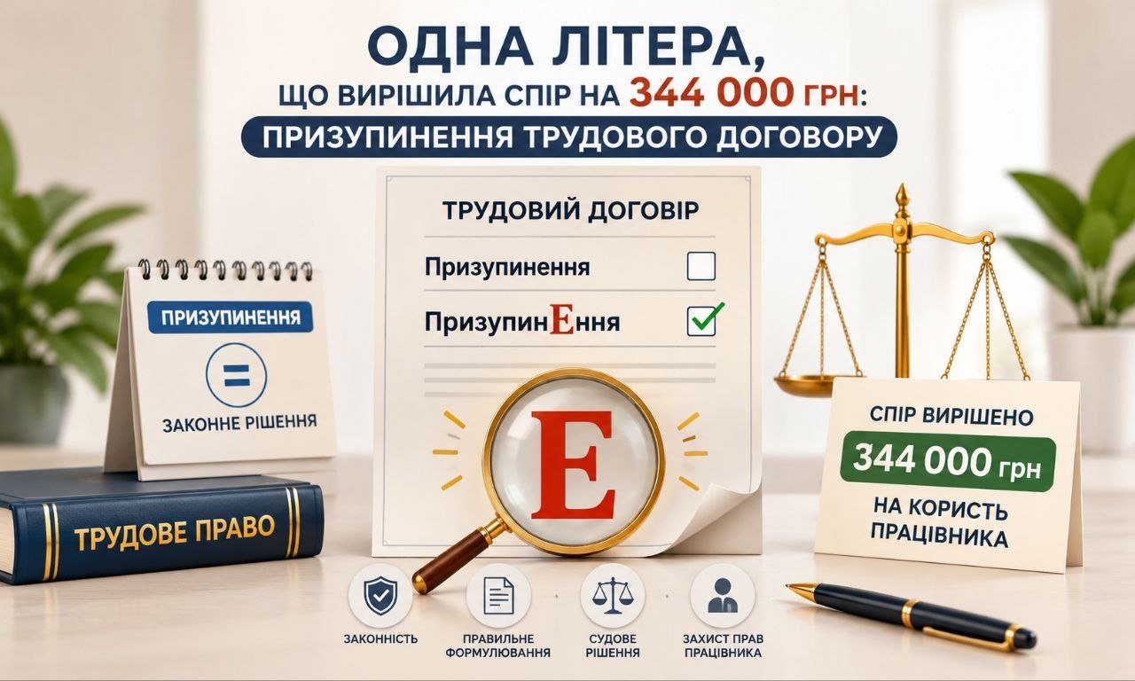 Призупинення трудового договору: спір на 344 тис. грн. Літера "Е" та терези правосуддя символізують вирішення справи.