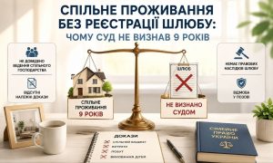 Ваги правосуддя з будинком, що символізує 9 років спільного проживання без реєстрації шлюбу, та перекресленим документом про шлюб, що ілюструє відмову суду через відсутність доказів.
