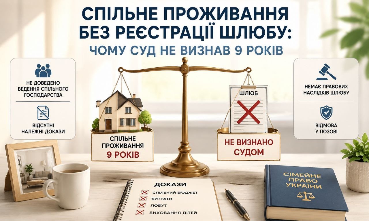 Ваги правосуддя з будинком, що символізує 9 років спільного проживання без реєстрації шлюбу, та перекресленим документом про шлюб, що ілюструє відмову суду через відсутність доказів.