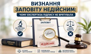 Графічне зображення визнання заповіту недійсним: заповіт з підписом під лупою, штамп "недійсний", експертиза підпису з галочкою та судове рішення з хрестиком, Цивільний кодекс, молоток судді.