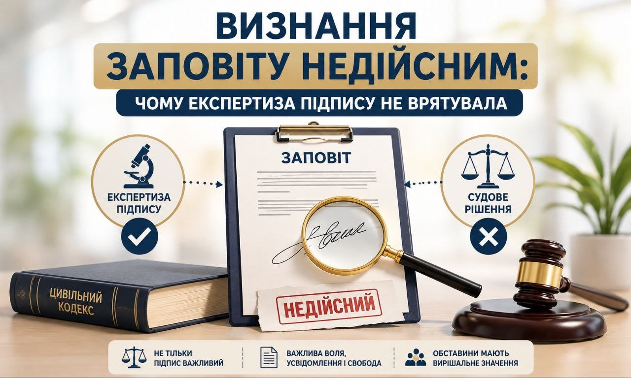 Графічне зображення визнання заповіту недійсним: заповіт з підписом під лупою, штамп "недійсний", експертиза підпису з галочкою та судове рішення з хрестиком, Цивільний кодекс, молоток судді.