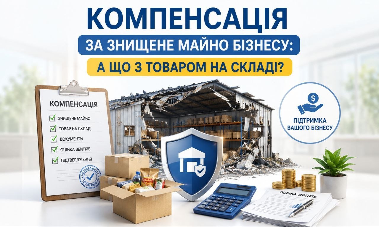 Компенсація за знищене майно бізнесу: зруйнований склад, чек-лист з пунктом "товар на складі", калькулятор та коробки, що символізують відшкодування.