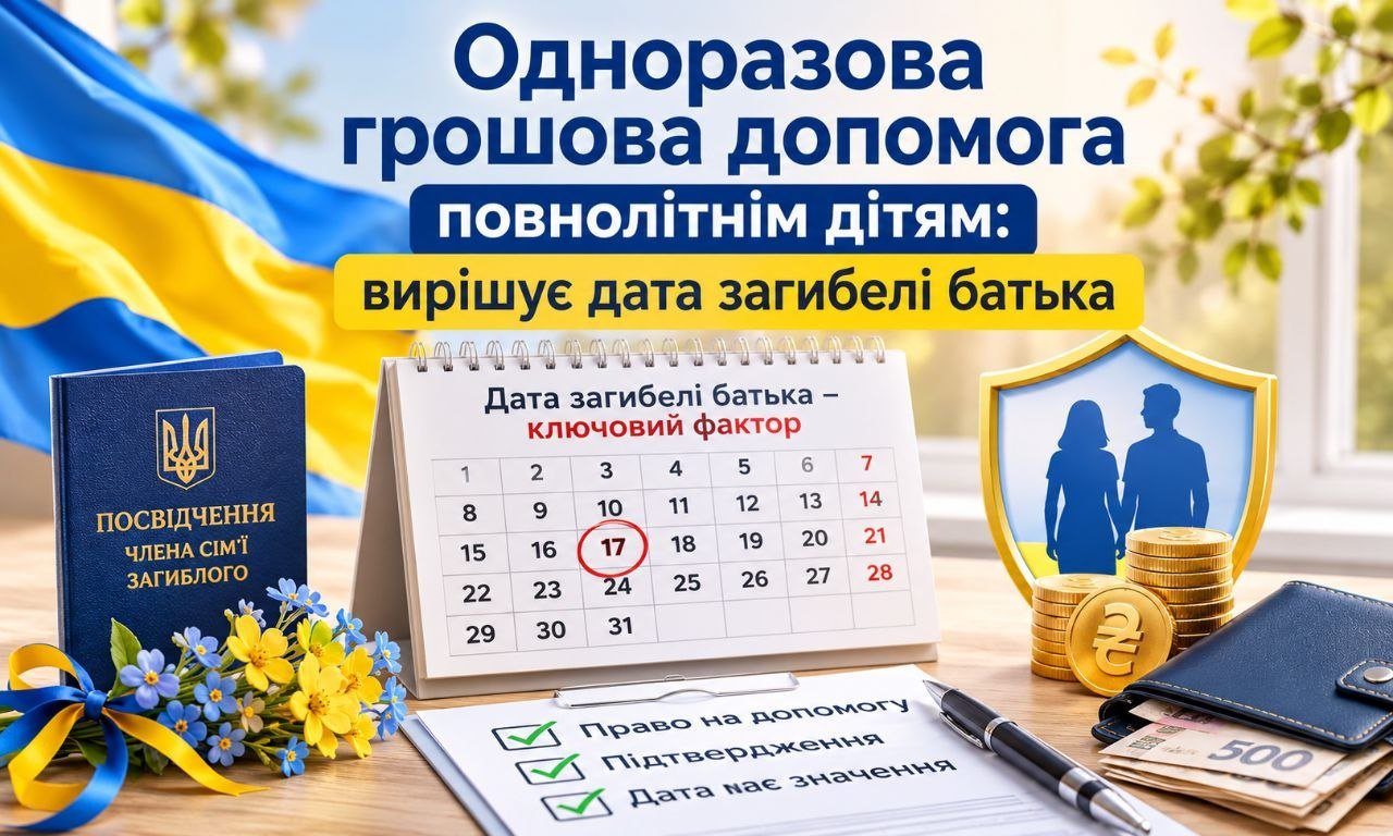 Одноразова грошова допомога повнолітнім дітям. Посвідчення сім'ї загиблого, календар, гроші, прапор України. Виплати залежать від дати загибелі батька.