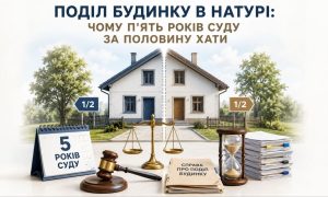 Зображення, що символізує поділ будинку в натурі: розділений будинок, терези правосуддя, молоток судді, календар "5 років суду" та документи.