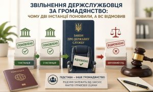 Візуалізація справи про звільнення держслужбовця за громадянство: суди 1-ї та 2-ї інстанції поновили, але Верховний Суд відмовив; зображено паспорт, закон та молоток.