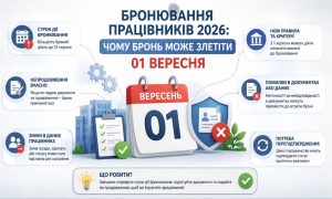 Бронювання працівників 2026: інфографіка з календарем "01 ВЕРЕСЕНЬ", що ілюструє причини втрати броні та нові критерії.