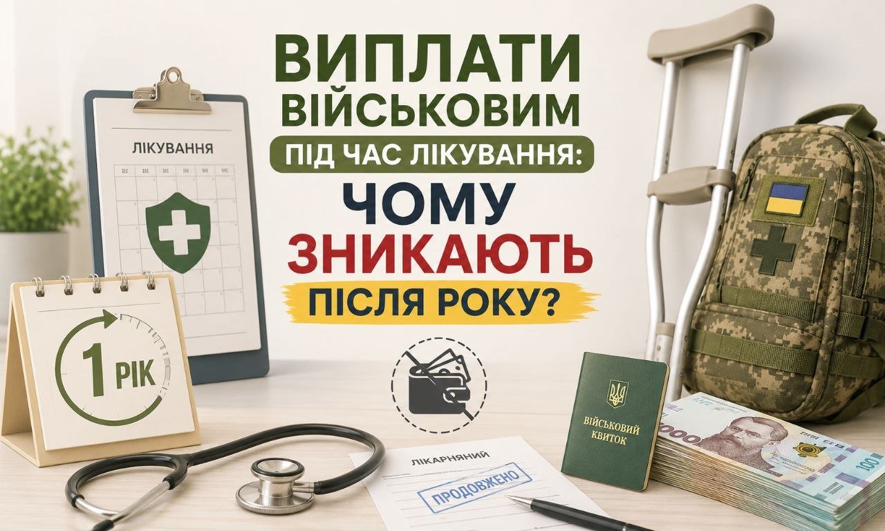 Календар, гроші, військовий квиток, милиця та рюкзак і текст про виплати військовим під час лікування, що зникають після року.