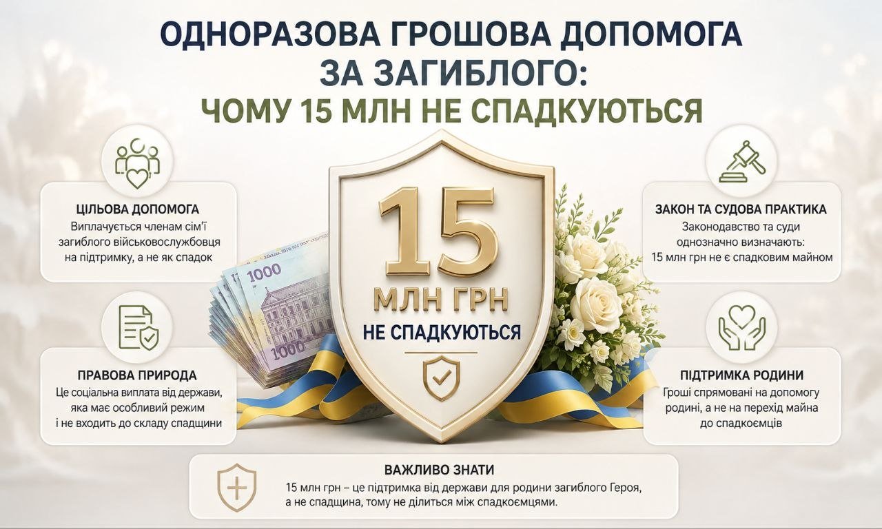 Інфографіка про одноразову грошову допомогу за загиблого, що не спадкується, із зображенням 15 млн грн, квітів та українського прапора.
