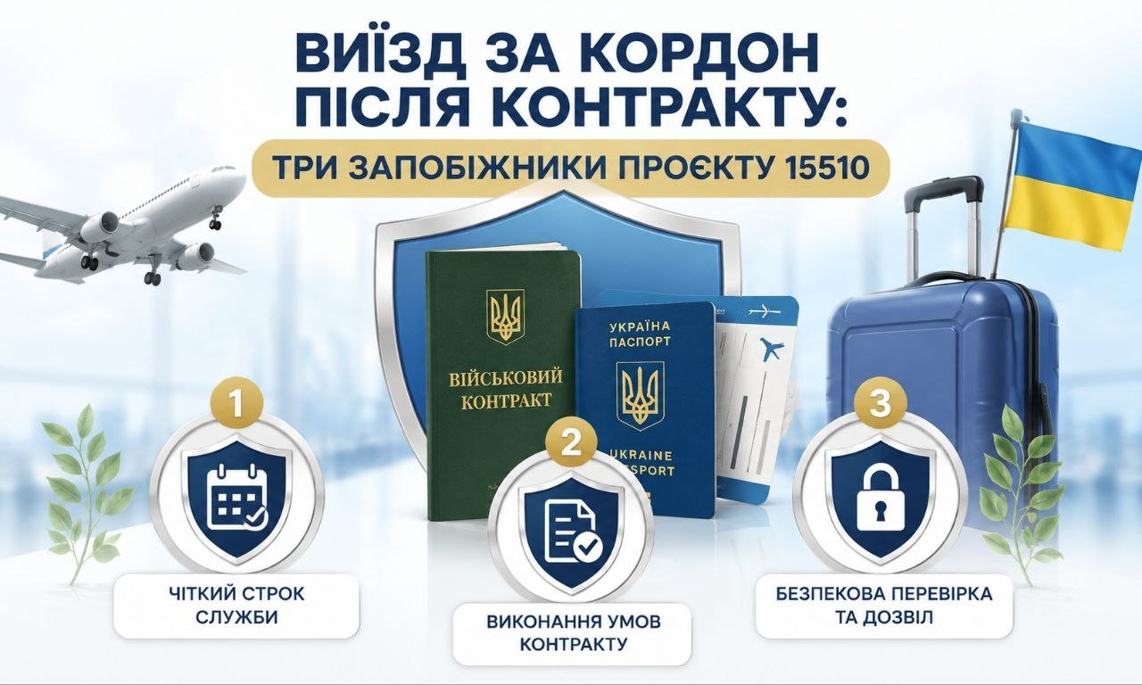Виїзд за кордон після контракту: літак, валіза з прапором України, військовий контракт, паспорт та три запобіжники проєкту №15510: строк служби, виконання умов, безпекова перевірка.