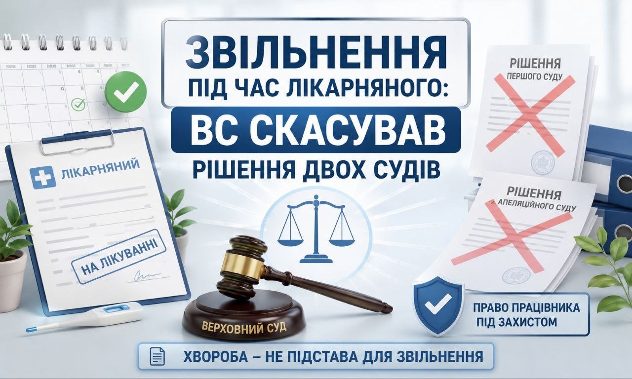 Зображення, що ілюструє скасування Верховним Судом рішень щодо звільнення під час лікарняного, з лікарняним листом, суддівським молотком, терезами та перекресленими рішеннями судів.