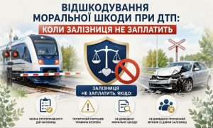 відшкодування моральної шкоди при ДТП: інфографіка з потягом, розбитим авто та символом правосуддя, що ілюструє умови відмови залізниці у виплаті.