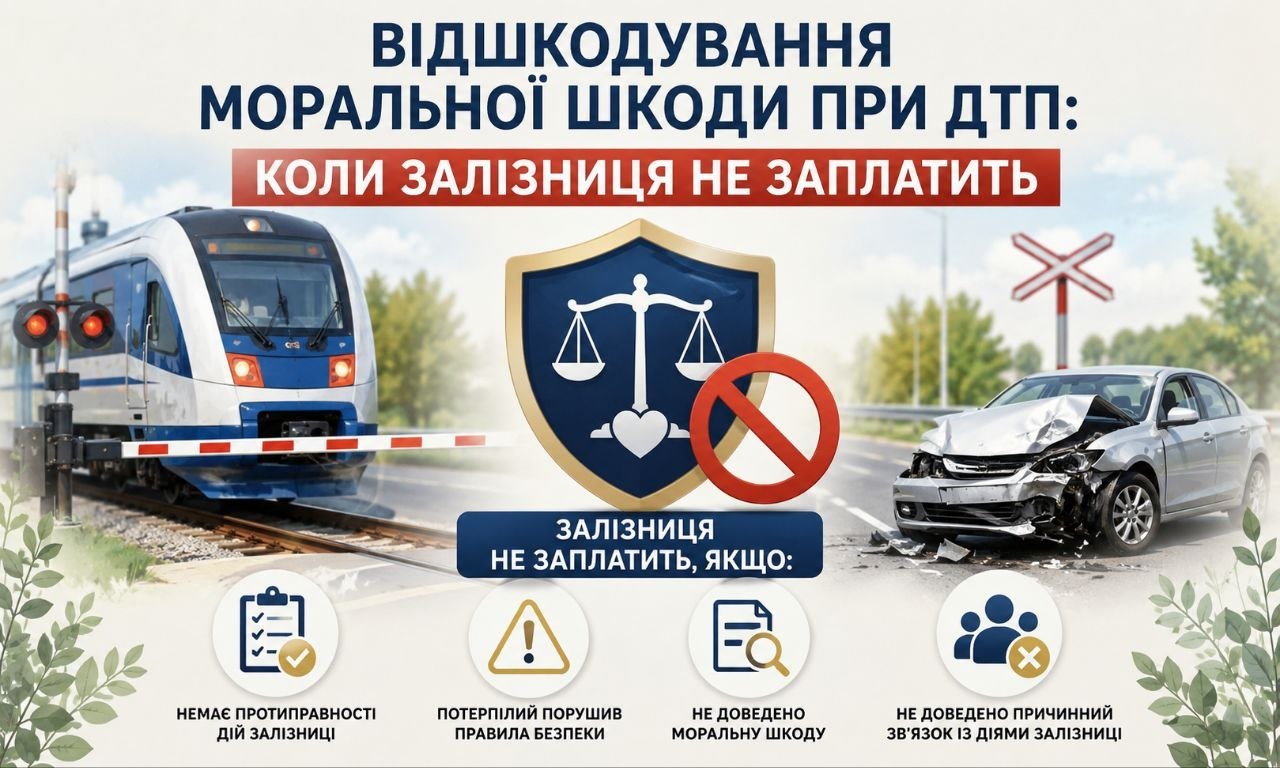 відшкодування моральної шкоди при ДТП: інфографіка з потягом, розбитим авто та символом правосуддя, що ілюструє умови відмови залізниці у виплаті.