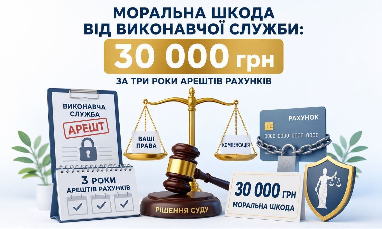 Графічна ілюстрація моральної шкоди від виконавчої служби: 30 000 грн за три роки арештів рахунків. Зображено арешт рахунку, ваги правосуддя та рішення суду.