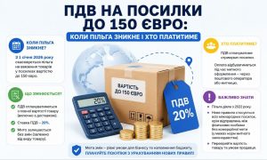 ПДВ на посилки до 150 євро: інфографіка з коробкою, калькулятором (20%), монетами та тегом ПДВ 20%, що пояснює зміни податку.