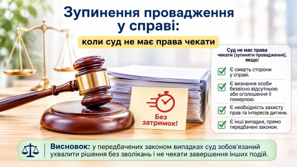 Дерев'яний молоток судді, терези правосуддя та стос документів з написом "Без затримок!" і текстом про зупинення провадження у справі, коли суд не має права чекати.