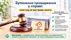Дерев'яний молоток судді, терези правосуддя та стос документів з написом "Без затримок!" і текстом про зупинення провадження у справі, коли суд не має права чекати.