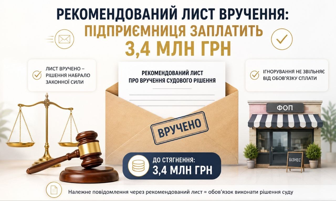 Інфографіка про рекомендований лист вручення судового рішення, що призвів до боргу 3,4 млн грн для підприємиці, з зображенням конверта, ваг правосуддя та бізнесу.