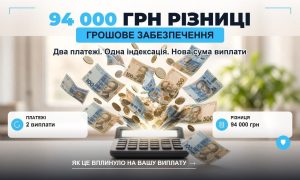 Індексація грошового забезпечення: гривневі банкноти та монети вилітають з калькулятора, показуючи 94 000 грн різниці після двох платежів.
