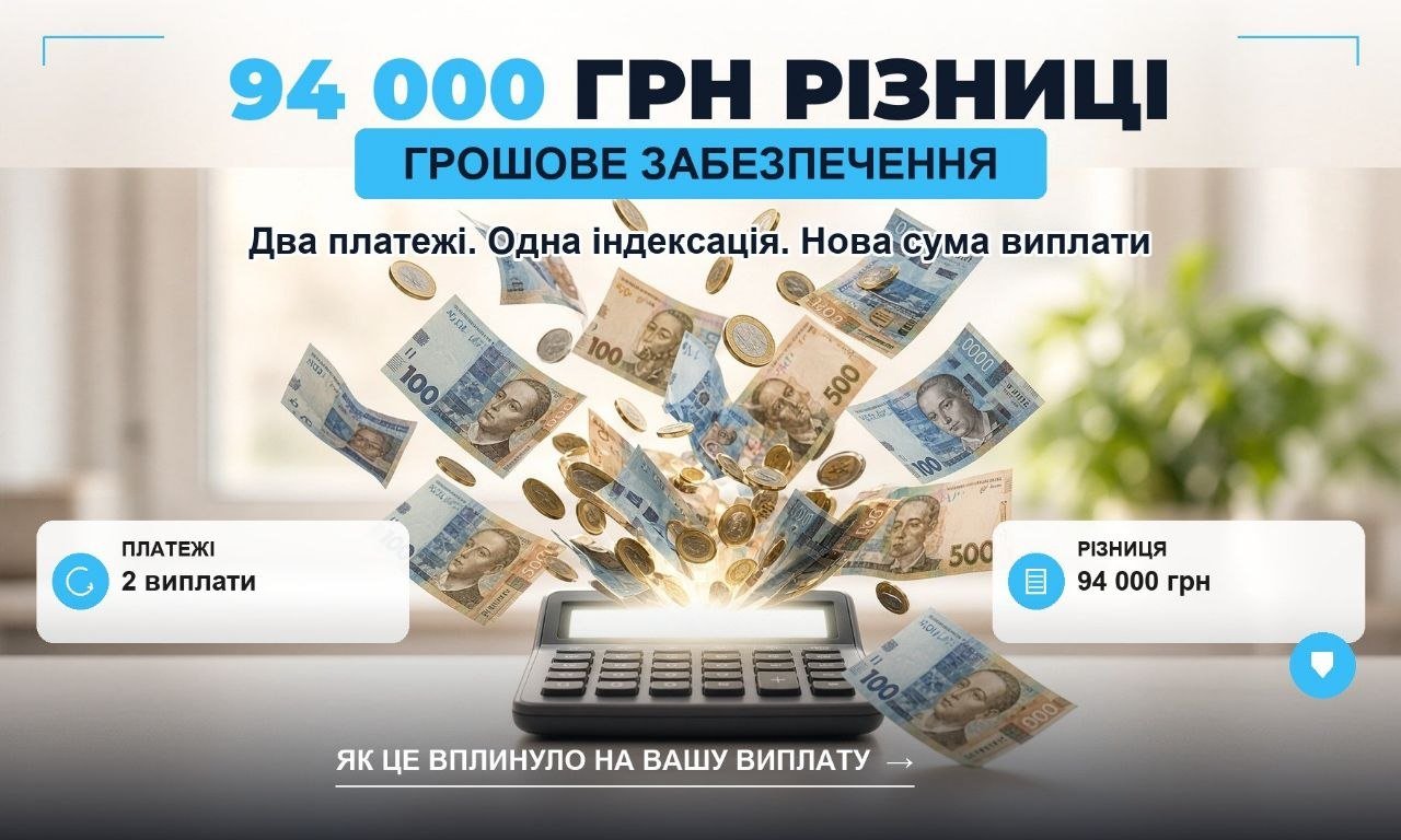 Індексація грошового забезпечення: гривневі банкноти та монети вилітають з калькулятора, показуючи 94 000 грн різниці після двох платежів.