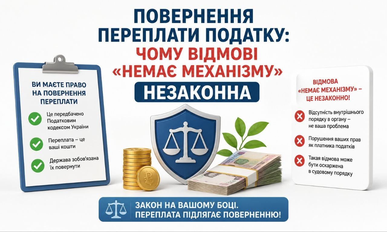 Графічне зображення повернення переплати податку, що включає ваги правосуддя, монети, банкноти та текст про незаконність відмови у поверненні через "відсутність механізму".