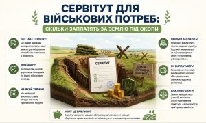 Інфографіка про сервітут для військових потреб, що показує окоп, документ про сервітут, гроші та пояснення умов використання землі.