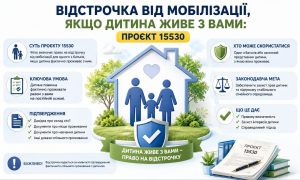 Інфографіка "Відстрочка від мобілізації, якщо дитина живе з вами: проєкт 15530" із зображенням сім'ї в будинку та умовами відстрочки.