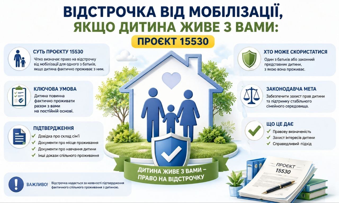 Інфографіка "Відстрочка від мобілізації, якщо дитина живе з вами: проєкт 15530" із зображенням сім'ї в будинку та умовами відстрочки.