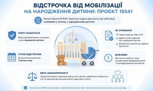 Інфографіка проєкту №15541 про відстрочку від мобілізації для батьків новонароджених, що показує умови, терміни та мету законопроєкту, а також дитяче ліжечко та візочок.