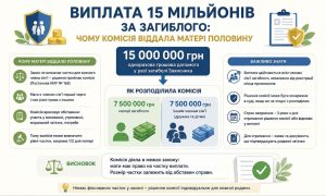 Інфографіка: виплата 15 мільйонів за загиблого захисника. Розподіл суми між матір'ю та іншими членами сім'ї, правові аспекти рішення комісії.