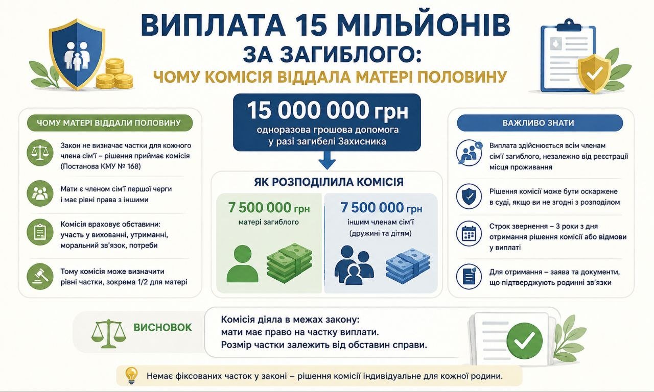 Інфографіка: виплата 15 мільйонів за загиблого захисника. Розподіл суми між матір'ю та іншими членами сім'ї, правові аспекти рішення комісії.
