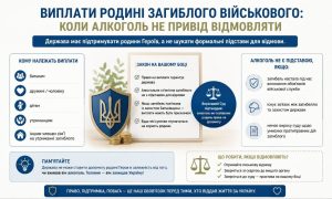 Інфографіка про виплати родині загиблого військового, що пояснює умови отримання допомоги, рішення Верховного Суду та дії у разі відмови, з українським гербом та терезами правосуддя.